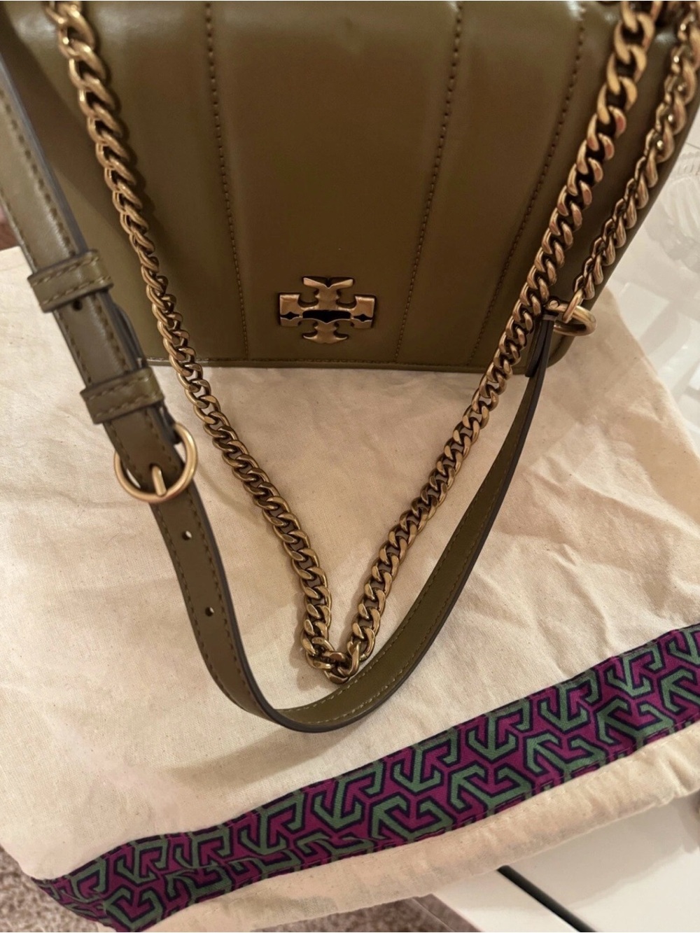 Tory Burch Olive Leather Chain Crossbody Bag with Gold Hardware